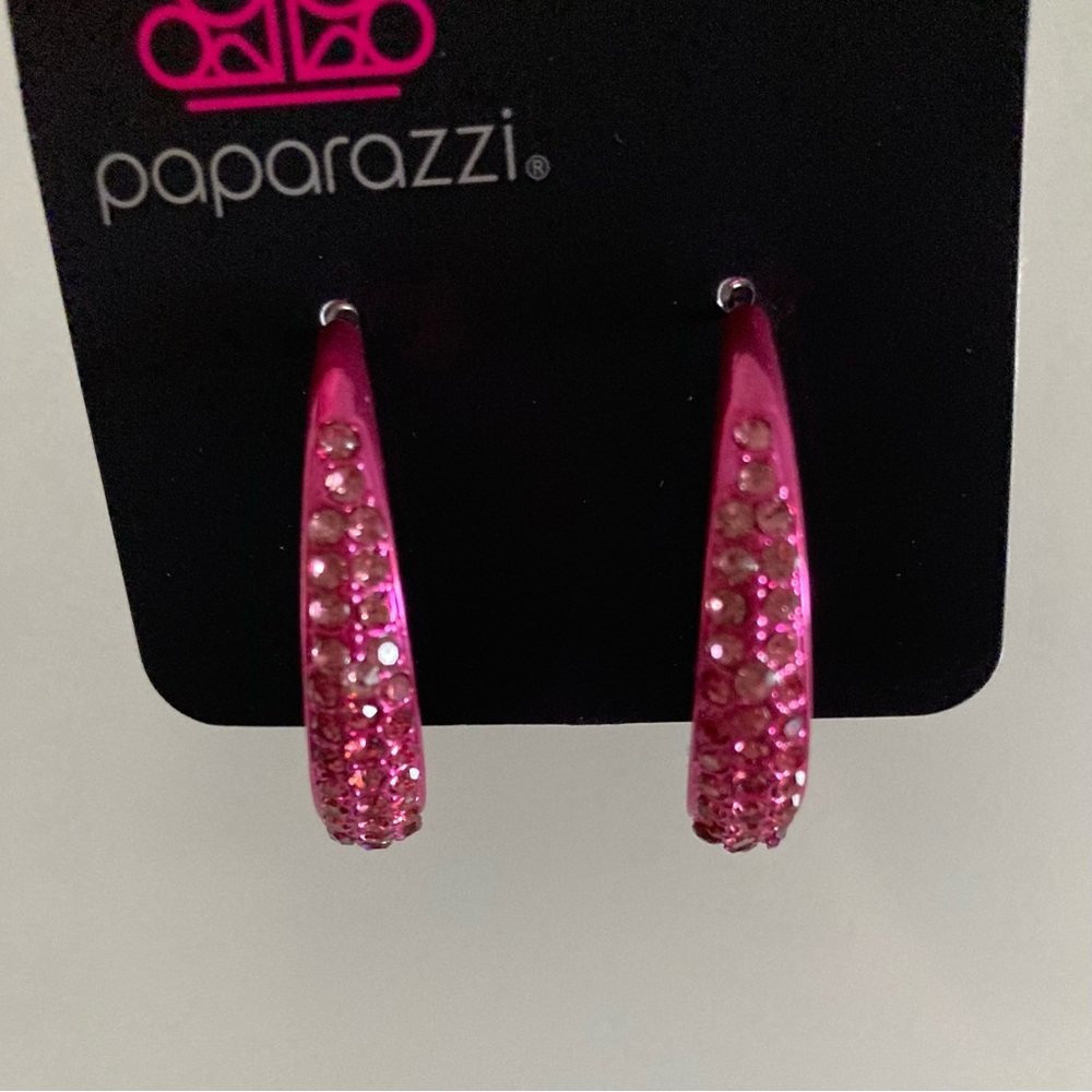 NEW Paparazzi Pink Rhinestone Hoops - Picture 7 of 14